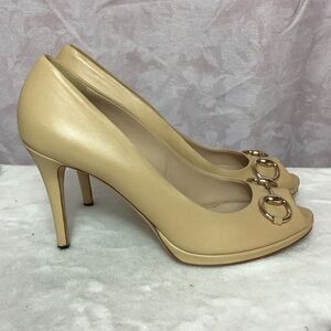 Gucci Tan Leather Heels with Gold Accents